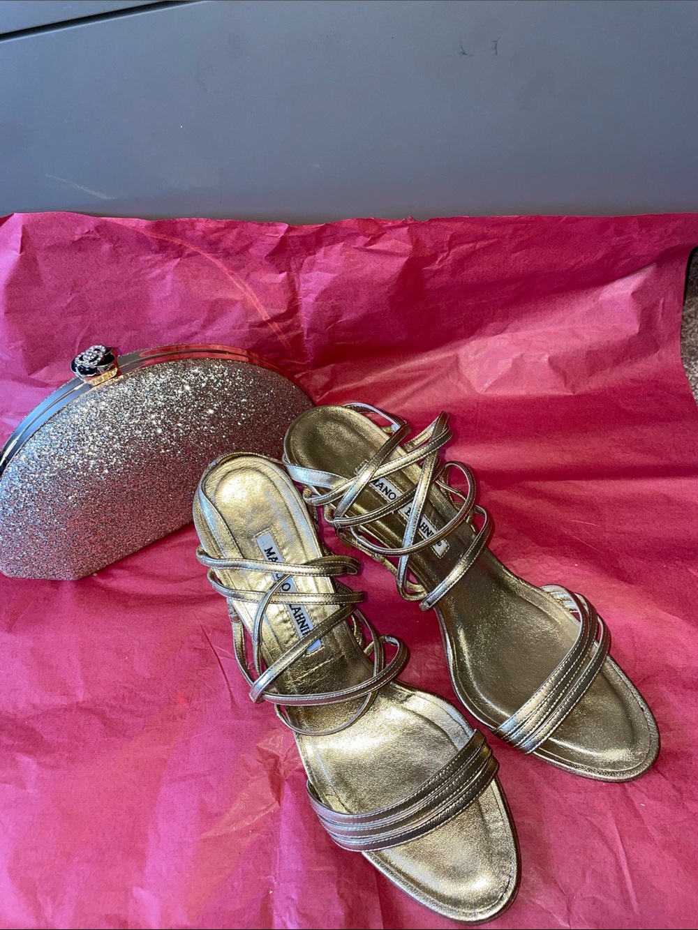 Manolo Blahnik Metallic Gold Multi-Strap Heeled Sandals - bonus cute gold clutch